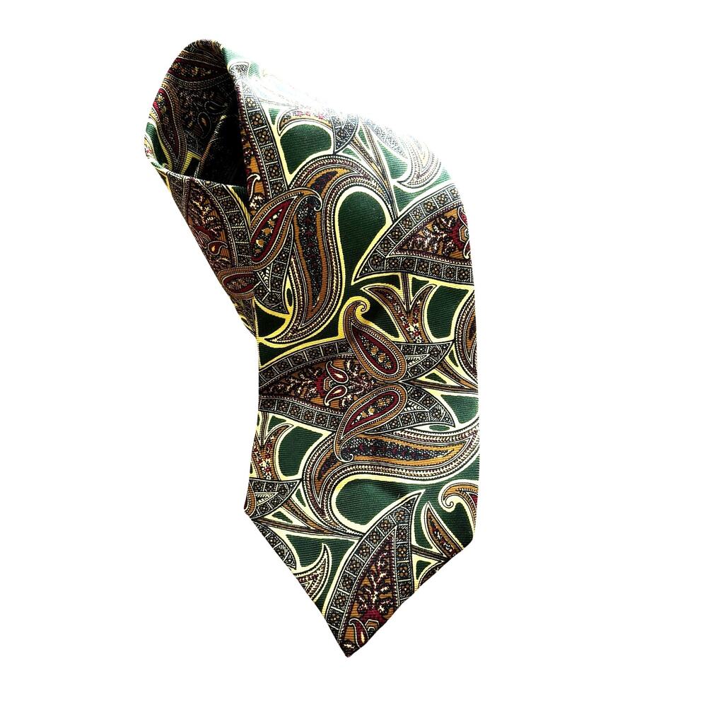 Vintage Burberrys London silk neck tie paisley green yellow red classic FLAW